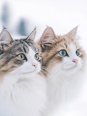 Two fluffy cats with striking blue and golden eyes gazing attentively, set against a soft snowy white background