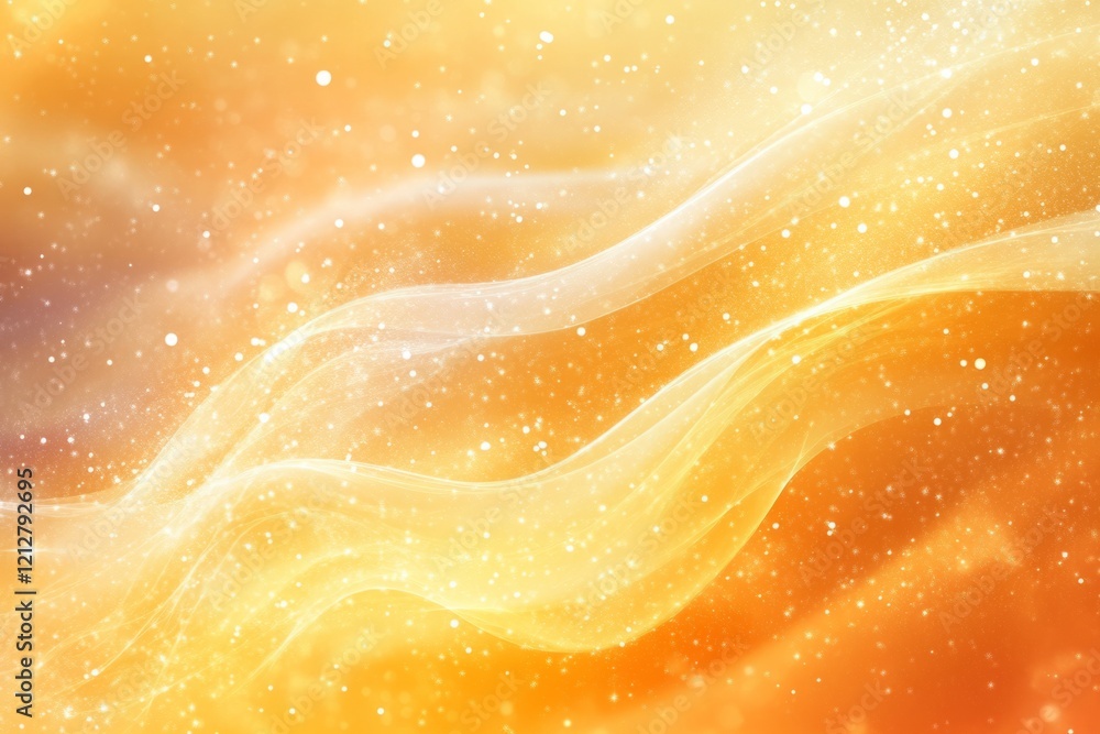 Poster golden abstract background featuring elegant wavy lines and sparkling glitter particles, creating a 