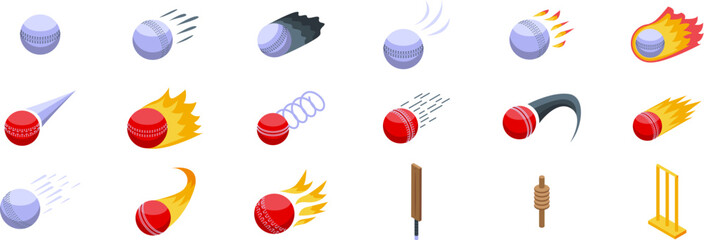 Flying cricket ball icons set. Cricket ball moving with fire, smoke and wicket and bat icons set isometric view