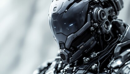 Fototapeta premium Futuristic Robot, Close-up of a Cyborg's Advanced Helmet, High-Tech Mechanical Design, Gray and Black Color Palette, Detailed CGI Rendering