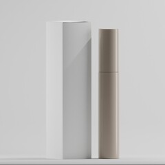 A beige mascara tube stands next to a tall, slender white box against a plain white background. This minimalist mockup is ideal for showcasing beauty products and branding designs.