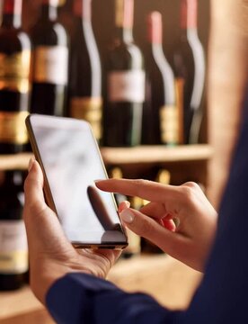 Close-up of woman's hands using smartphone in a wine cellar, 9:16 vertical video, technology and wine culture