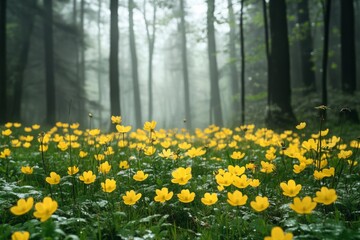 Fototapeta premium Scenic view of yellow buttercup flowers blooming in a misty forest, creating a serene and magical atmosphere
