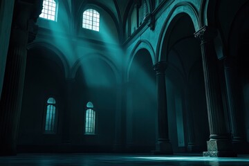 Cathedral interior, sunlight beams, columns, arches, mystical atmosphere, game design