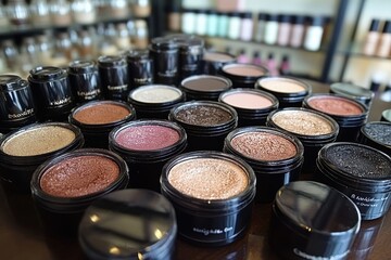 Makeup products arranged neatly on a table ready for application in a well-organized space