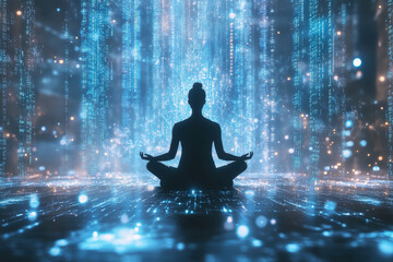 Eine Person sitzt meditierend in einem futuristischen Raum, umgeben von schwebenden holografischen Datenströmen. Die Szene verbindet Technologie mit innerer Ruhe