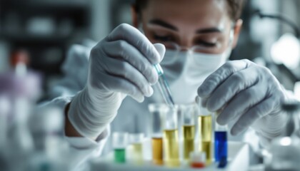 Female scientist conducting experiment with test tubes in laboratory