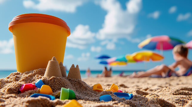 Building sandcastles at beach with colorful toys and bucket, creating joyful memories under sun - Powered by Adobe