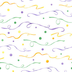 Watercolor swirl elegance yellow, green, purple ribbons, beads seamless pattern isolated background. Mardi gras carnival illustration for decorating gifts, birthday package design © Masha_tolk_art