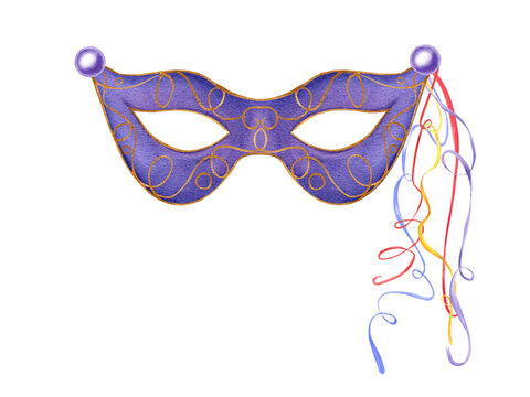 Carnival party purple mask with swirl colored ribbons watercolor illustration isolated background. Purim, Fat Tuesday and Mardi Gras masquerade festival element for greeting cards, poster.
