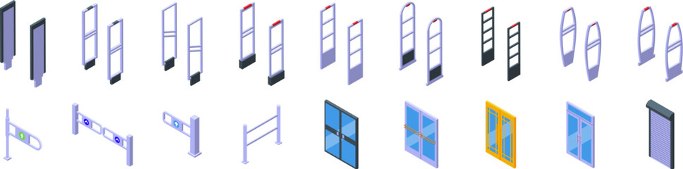 Shop entrance gate icons set. Isometric icons representing various security gates, doors, and access control systems safeguarding buildings and retail spaces