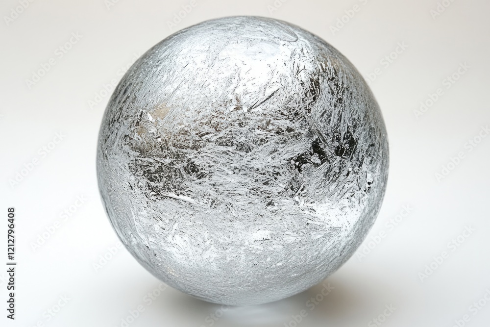 Poster silver sphere with a textured surface resting on a white background, creating a visually striking co