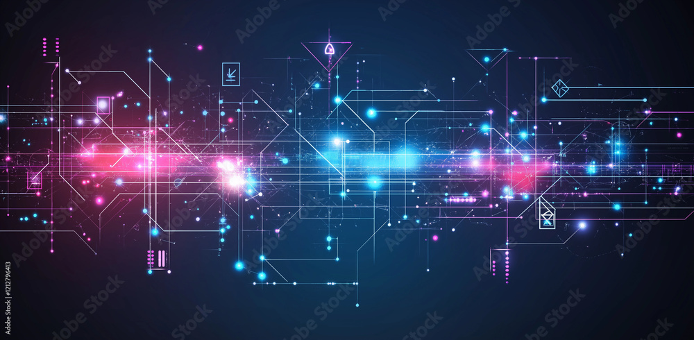 Poster abstract geometric background with triangles and dots in blue, purple, and pink colors, futuristic d