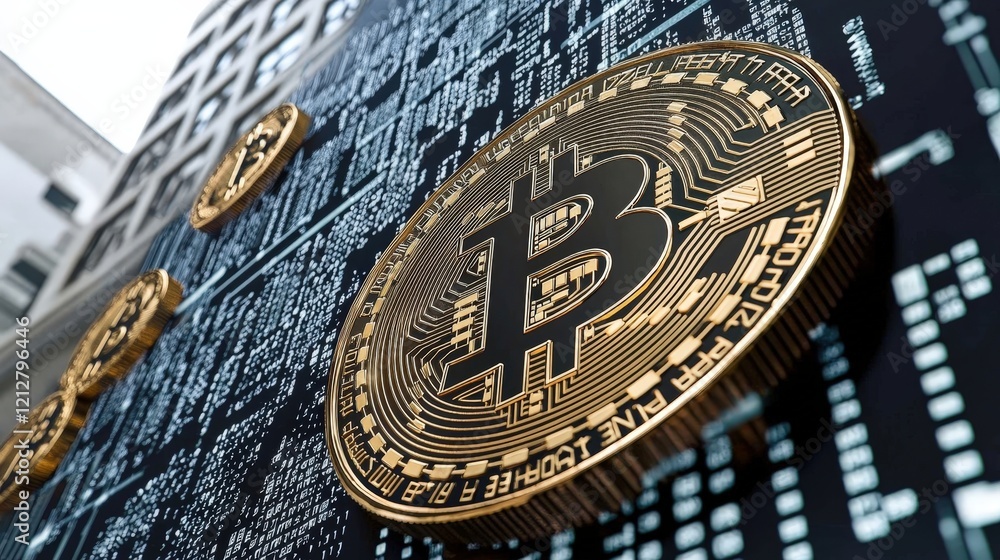 Poster golden bitcoin coin against digital background with data elements