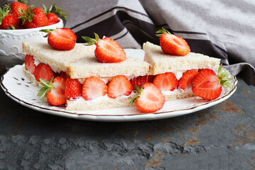 Strawberry Sandwich , Japanese Popular Dessert, Sandwich with Cream and Fruit Slice Inside