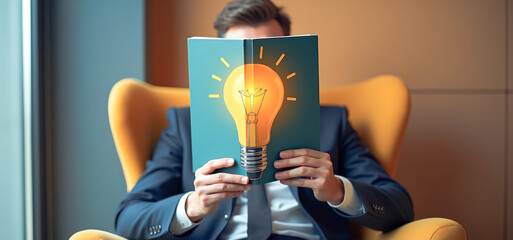 A businessman in an armchair reads a book with a painted light bulb