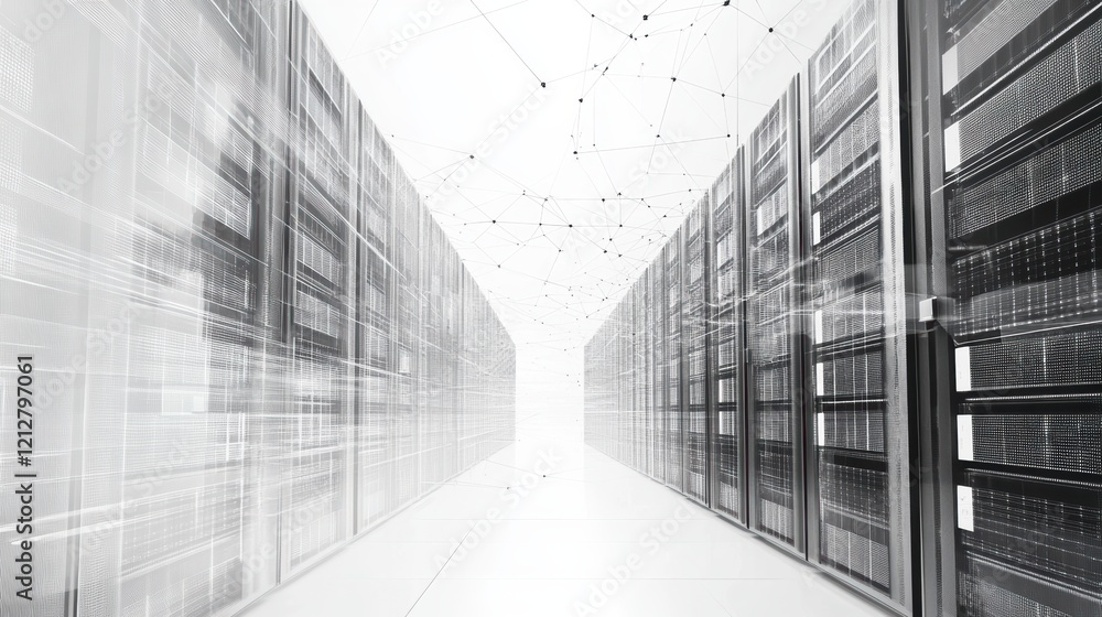 Poster server rack with multiple servers in a modern data center environment