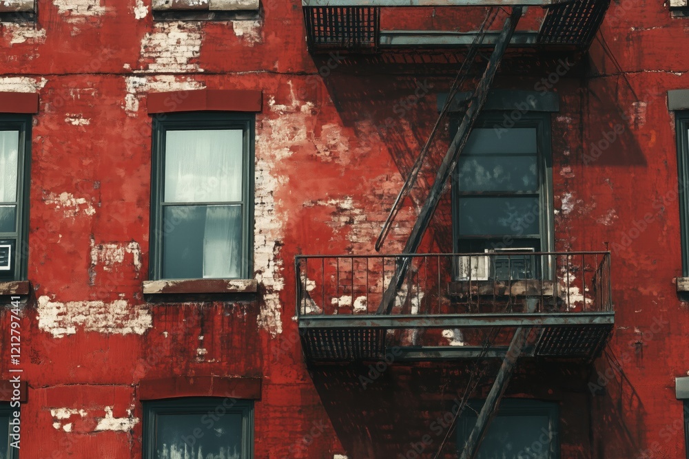 Poster a close-up view of a weathered red brick rowhouse style building with peeling paint, featuring two w