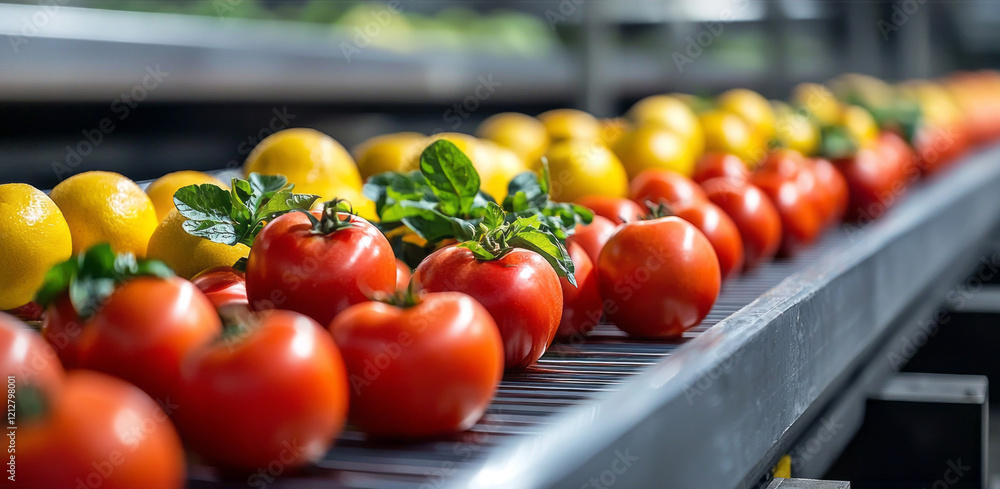 Poster A conveyor system efficiently sorts vibrant red tomatoes and bright yellow lemons, showcasing the importance of automation in fresh produce handling. Precision and speed optimize operations