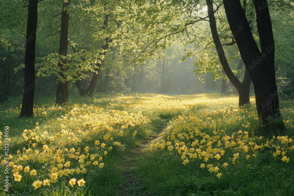 Poster yellow daffodils blooming in a sunlit forest path creating a magical springtime scene