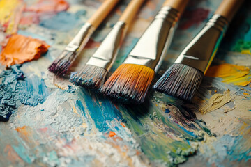 Fototapeta premium Generative AI image of painting brushes resting on a colorful textured artist canvas