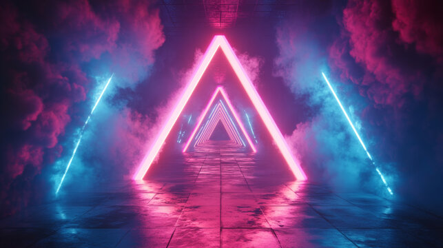 A neon colored tunnel with smoke and a pink triangle