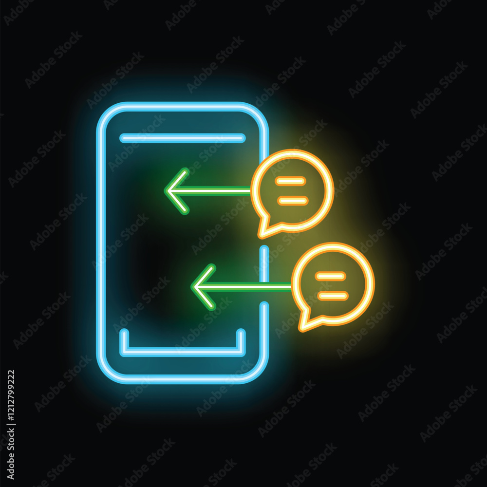 Poster neon glowing icon of a smartphone exchanging instant messages with arrows