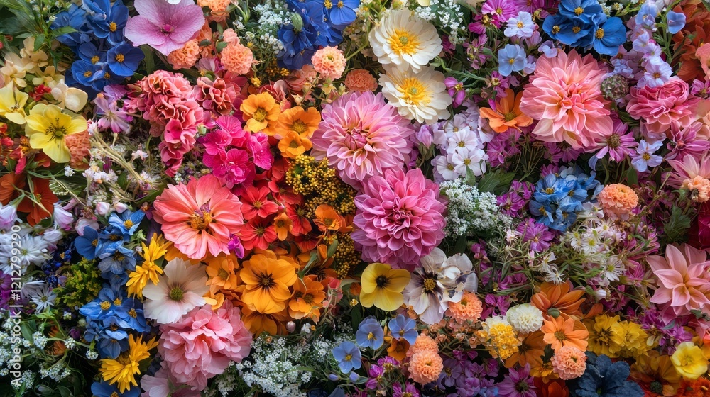 Poster A lush array of colorful blooms spreads across the scene, featuring spring flowers in varied shapes and hues
