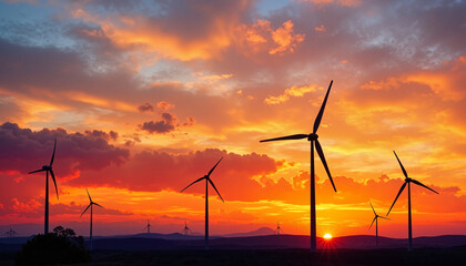 Fototapeta premium Silhouetted wind turbines against vibrant sunset sky