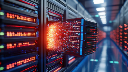 cinematic view of cloud based software solution showcasing data transfer with vibrant lights and server racks. image captures essence of modern technology and innovation