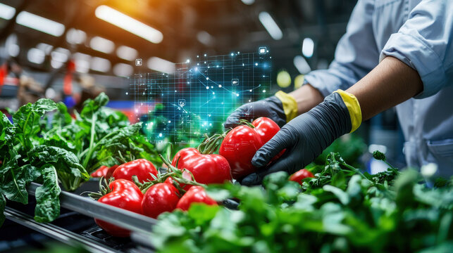 person wearing gloves inspects fresh tomatoes among leafy greens, with digital interface overlay showcasing data and analytics related to agriculture