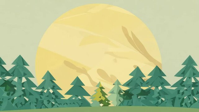 A serene landscape with pine trees under a soft yellow sun symbolizes simplicity, tranquility, and the beauty of nature at dawn or dusk.