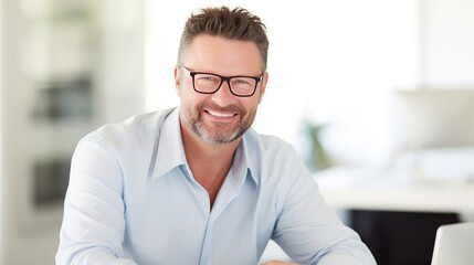 Obraz premium Confident and Content: A mature man with a warm smile and confident gaze radiates positivity, his glasses reflecting a sense of intelligence and experience. 