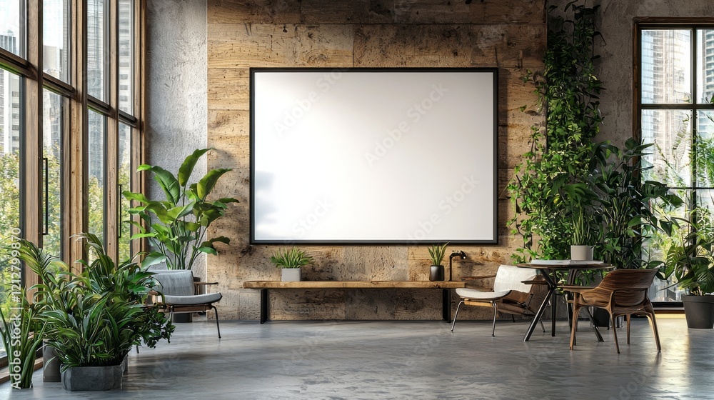 Poster this modern office showcases a spacious design with a blank whiteboard ready for brainstorming. surr