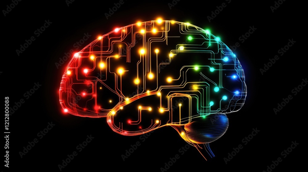 Poster digital brain illustration with glowing circuit board lines and colorful lights on a dark background