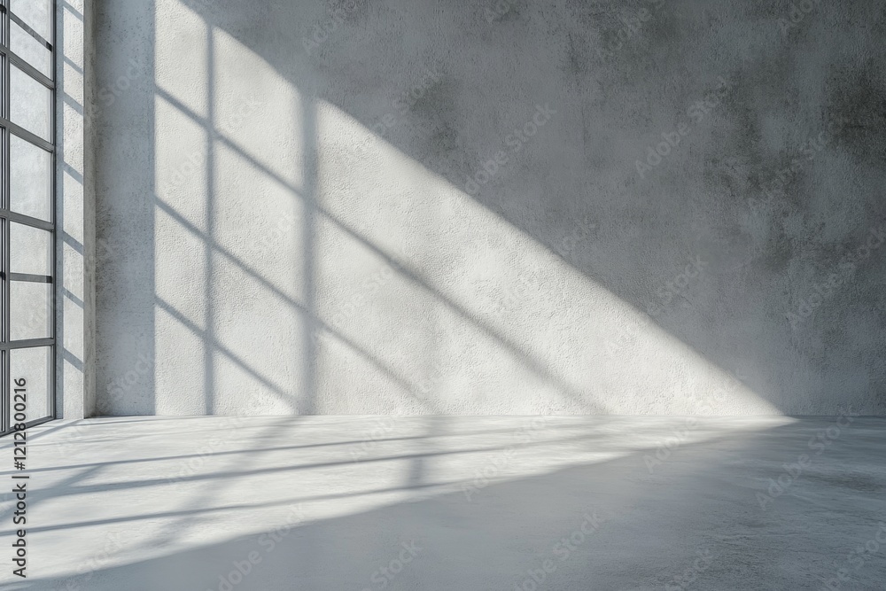 Aufkleber sunlight streams into a spacious, empty room through a large window, casting dramatic shadows across