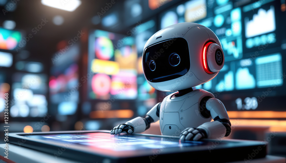 Aufkleber a friendly robot interacts with digital data screens