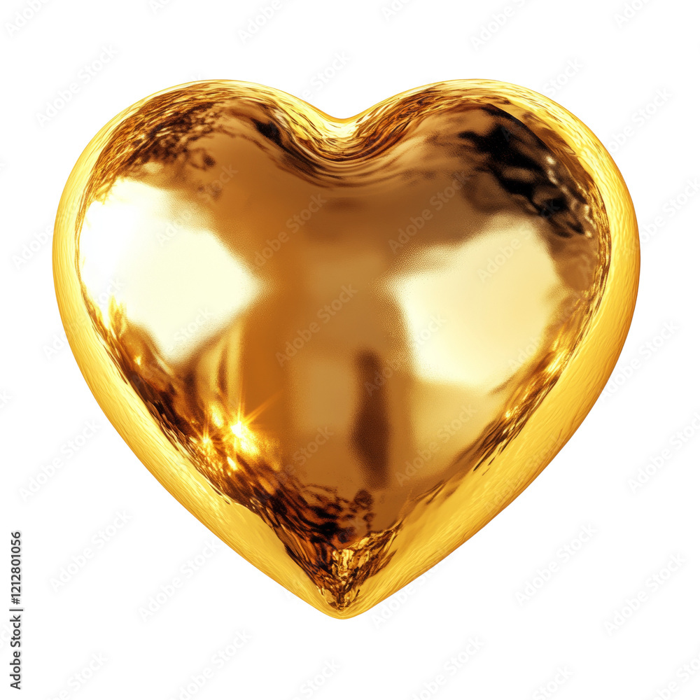 Poster A three dimensional rendering of a highly polished golden heart shape on a white background.