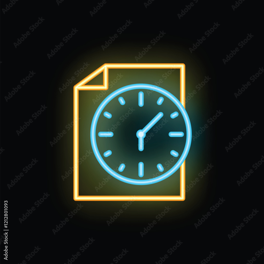 Poster neon sign illustrating a clock on a document, symbolizing the concept of time management and deadlin