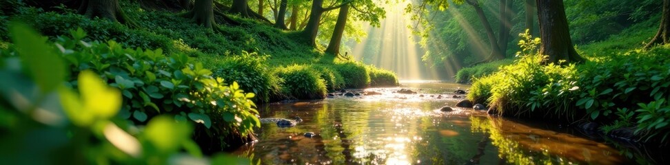 Naklejka premium Sun-dappled river flows through lush green spring forest, river, life