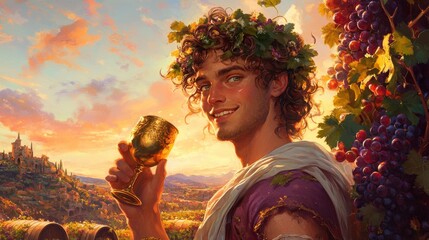 A jubilant and charismatic waist-up portrait of Dionysus, the Greek god of wine and revelry