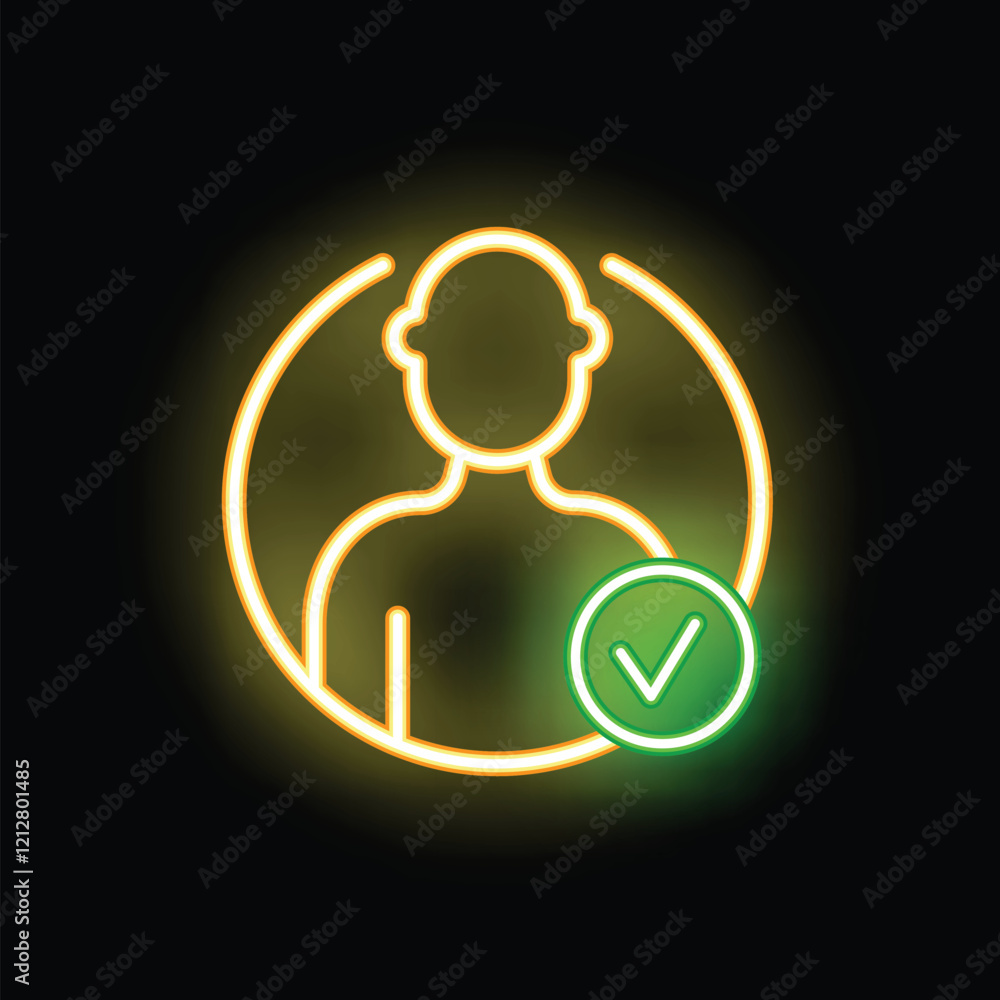 Poster neon sign representing a person inside a circle with a green check mark, indicating successful ident
