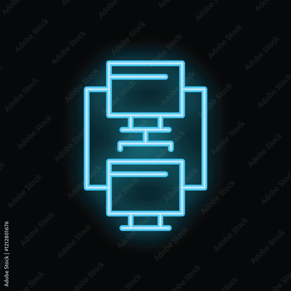 Poster blue neon icon of computers sharing data in a network, representing the concept of data exchange