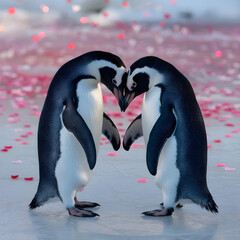 two penguins on a rock,heart shape valentine day 