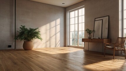 Fototapeta premium Empty Room Interior with Wooden Floor and Sunlight Glare from Window – Minimalist Design