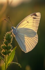 Fototapeta premium Elegant white butterfly with black marbling on green plant stem