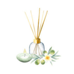 Air refresher diffuser and aroma sticks, candle, olive branch and plumeria flower. Hand drawn watercolor isolated illustration of home fragrance with frangipani. Drawing for meditation, spa design.