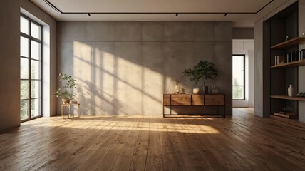 Empty Room Interior with Wooden Floor and Sunlight Glare from Window – Minimalist Design