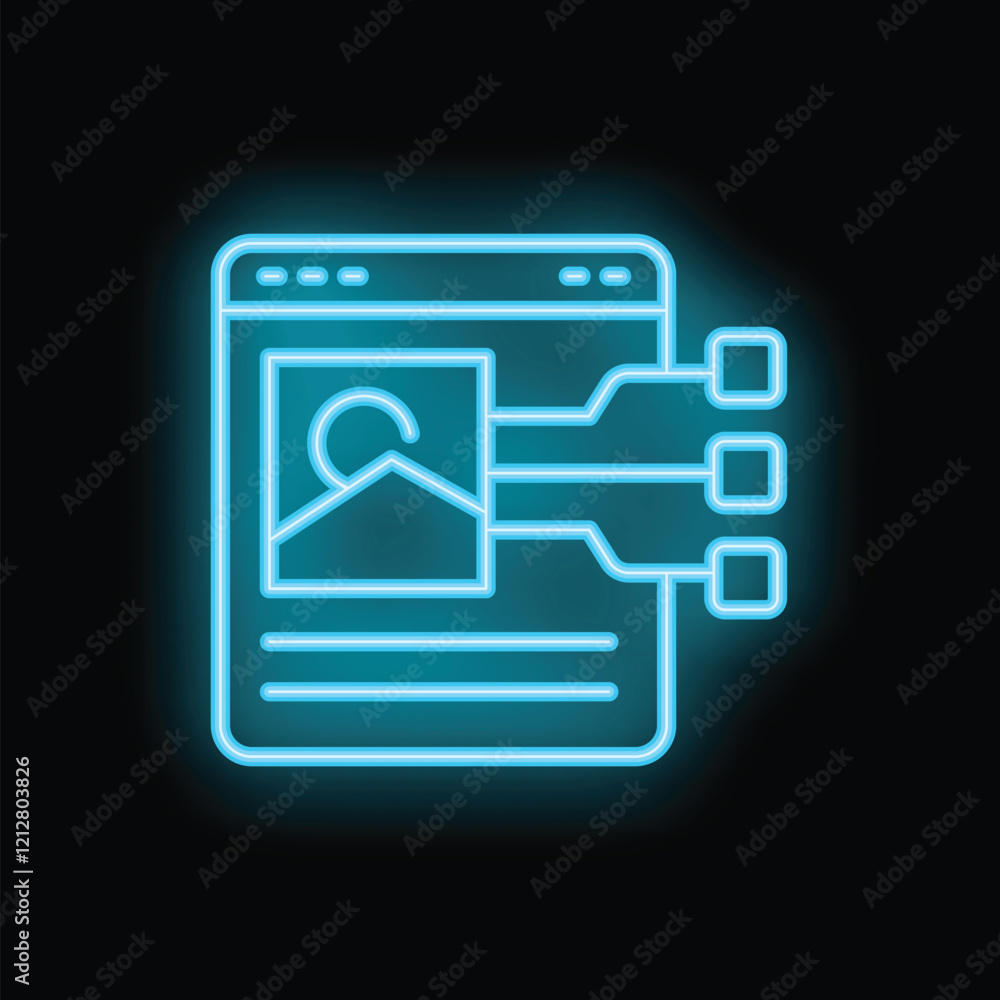 Poster glowing neon blue icon of a web page with an image and data, representing a digital content manageme