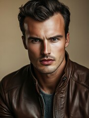 Obraz premium A sharp, high-quality close up portrait of a handsome male model in a Mocha Mousse colored leather jacket